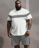 Men's Plus Size Casual Simple Houndstooth Color-block Printed T-shirt Shorts Suit